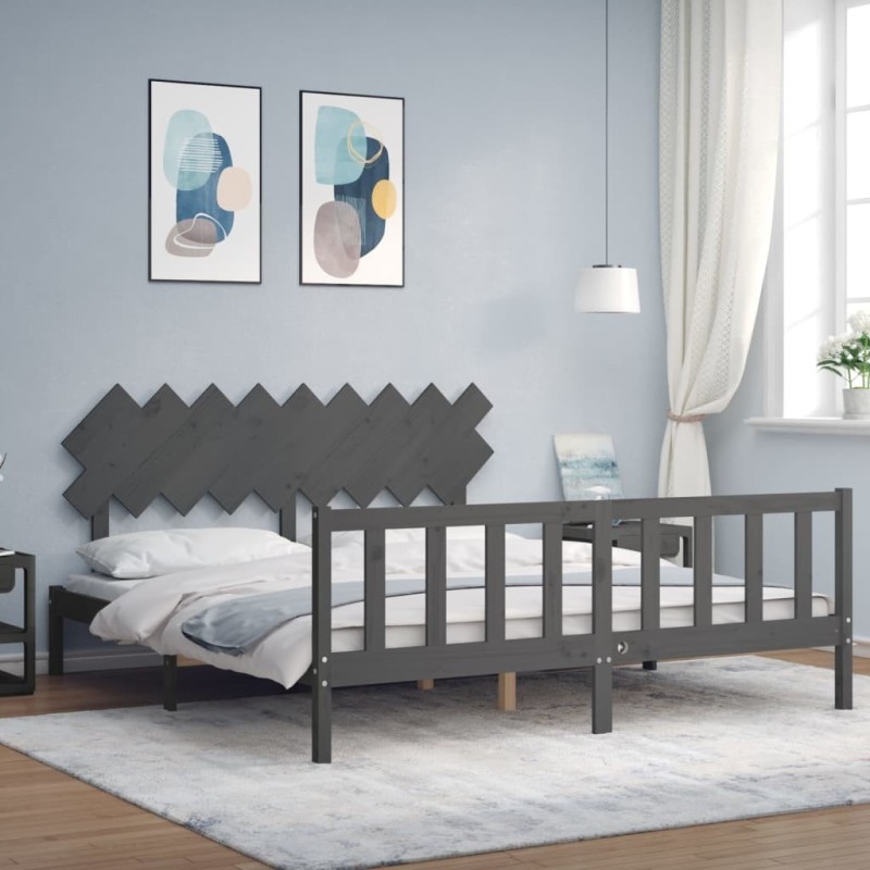 Cadre de lit avec tête de lit gris Super King Size bois massif 
