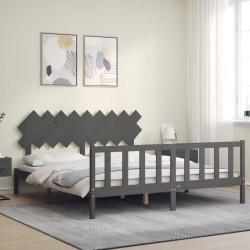 Cadre de lit avec tête de lit gris Super King Size bois massif 