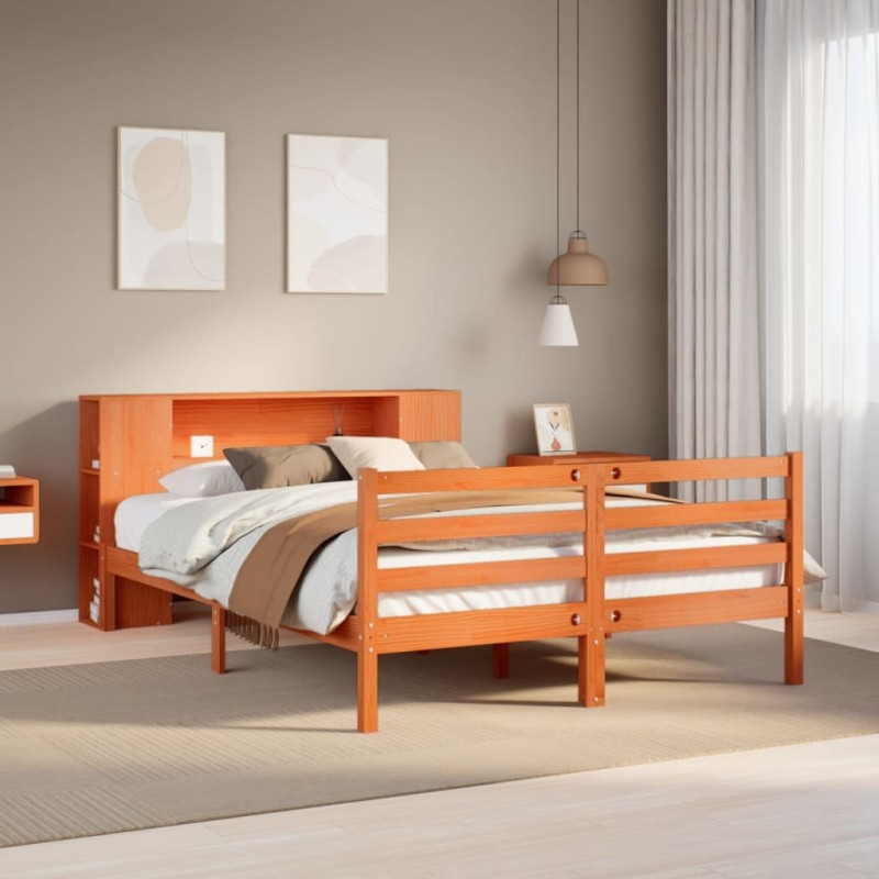 Lit bibliothèque sans matelas cire marron 120x190cm pin massif 