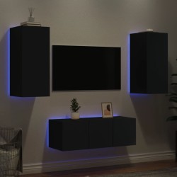 Unités murales TV avec LED 4 pcs noir bois d'ingénierie 