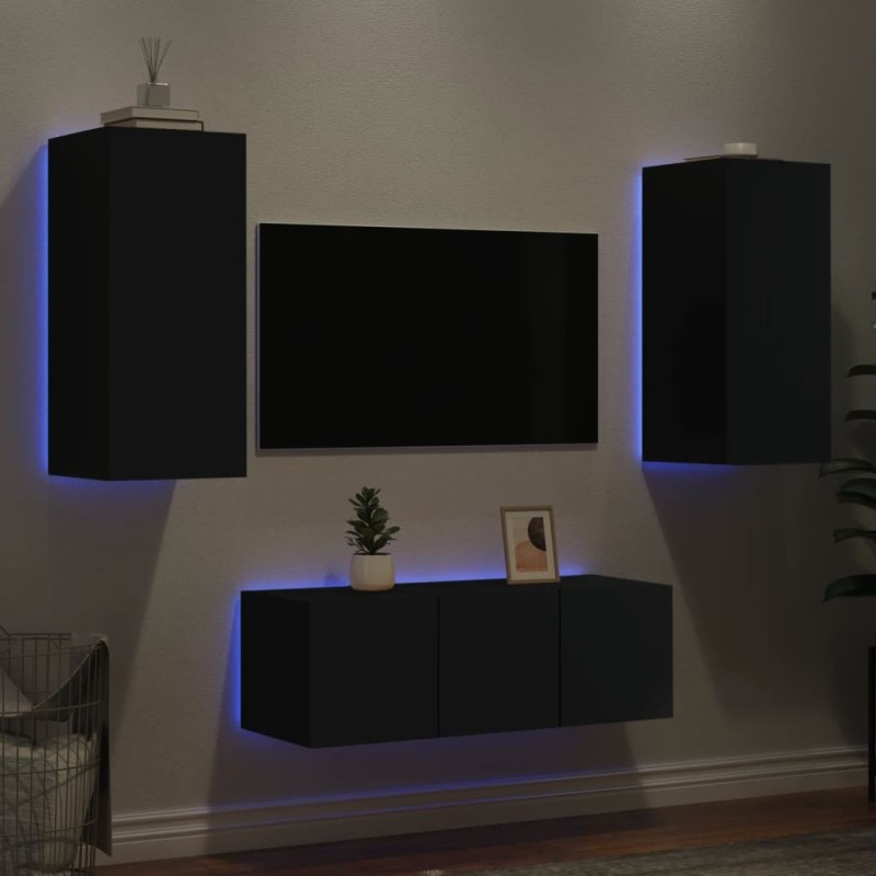 Unités murales TV avec LED 4 pcs noir bois d'ingénierie 