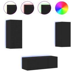 Unités murales TV avec LED 4 pcs noir bois d'ingénierie 