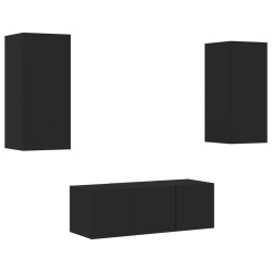 Unités murales TV avec LED 4 pcs noir bois d'ingénierie 