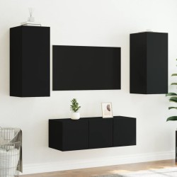 Unités murales TV avec LED 4 pcs noir bois d'ingénierie 