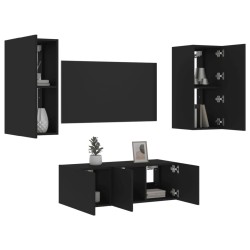 Unités murales TV avec LED 4 pcs noir bois d'ingénierie 