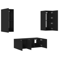 Unités murales TV avec LED 4 pcs noir bois d'ingénierie 