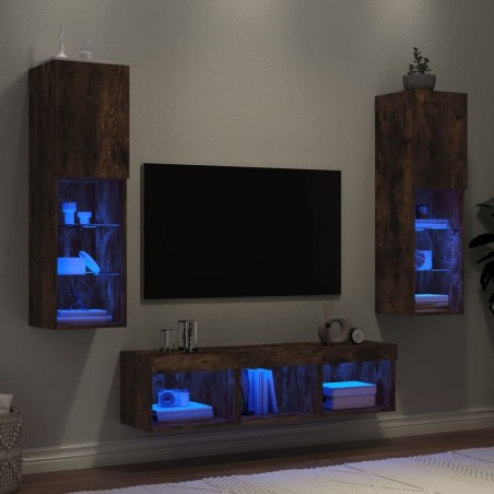 Unités murales TV avec LED 5 pcs chêne fumé bois d'ingénierie 