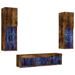 Unités murales TV avec LED 5 pcs chêne fumé bois d'ingénierie 