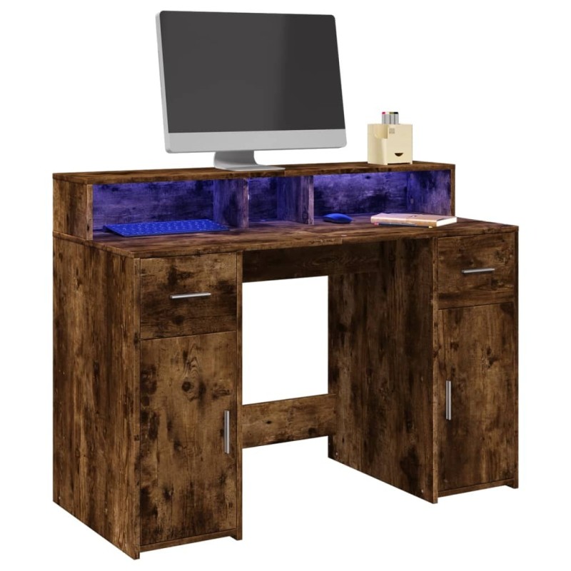 Bureau et lumières LED chêne fumé 120x55x91cm bois d'ingénierie 