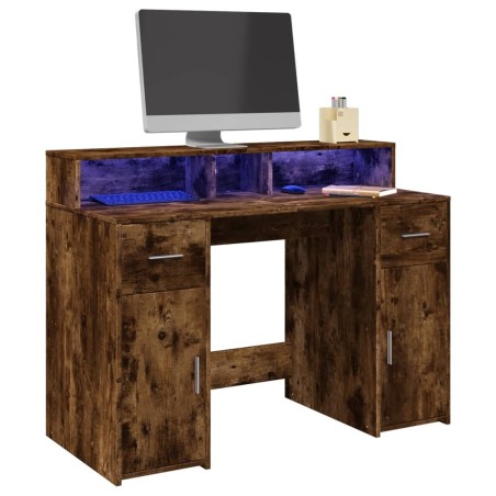 Bureau et lumières LED chêne fumé 120x55x91cm bois d'ingénierie 