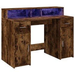 Bureau et lumières LED chêne fumé 120x55x91cm bois d'ingénierie 