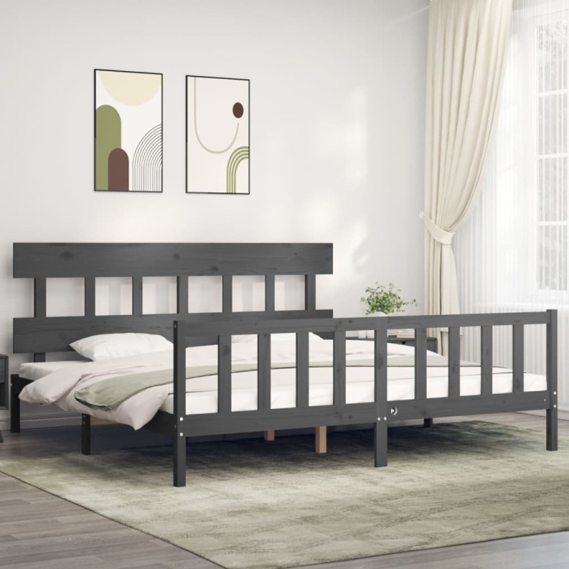 Cadre de lit avec tête de lit gris Super King Size bois massif 