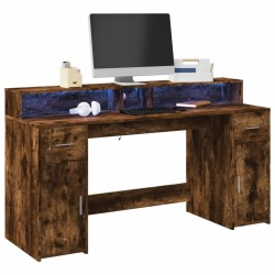 Bureau et lumières LED chêne fumé 160x55x91cm bois d'ingénierie 