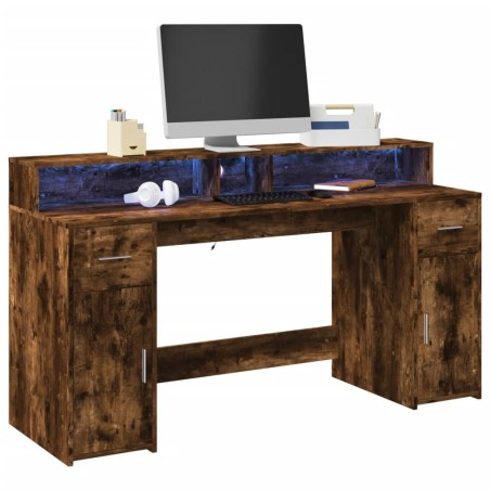 Bureau et lumières LED chêne fumé 160x55x91cm bois d'ingénierie 