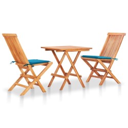 Ensemble de bistro 3 pcs avec coussins bleu Bois de teck massif 