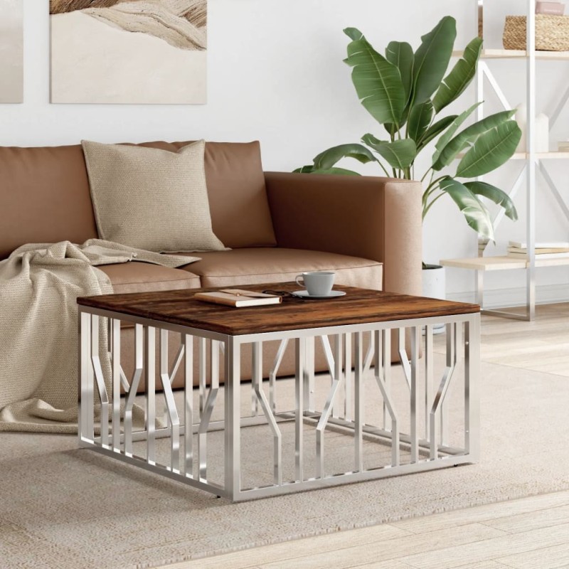 Table basse argenté acier inoxydable/bois massif récupération 