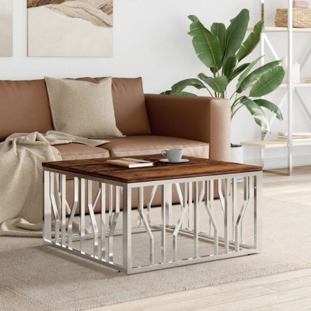 Table basse argenté acier inoxydable/bois massif récupération 