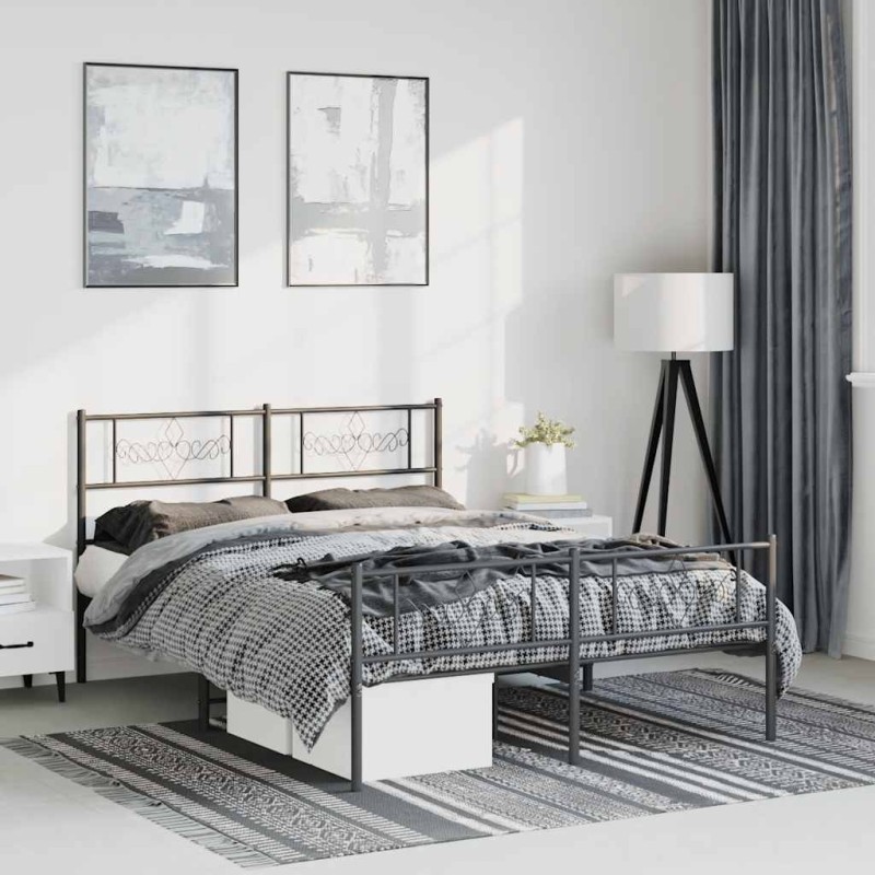 Cadre de lit métal sans matelas avec pied de lit noir 135x190cm 
