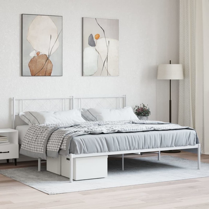 Cadre de lit métal sans matelas et tête de lit blanc 200x200 cm 