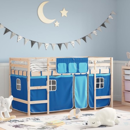 Lit mezzanine enfants avec rideaux sans matelas bleu 90x200cm 