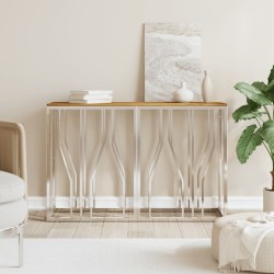 Table console argenté acier inoxydable et bois massif d'acacia 