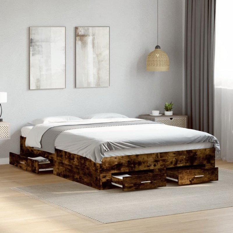 Cadre de lit avec tiroirs sans matelas chêne fumé 120x190 cm 