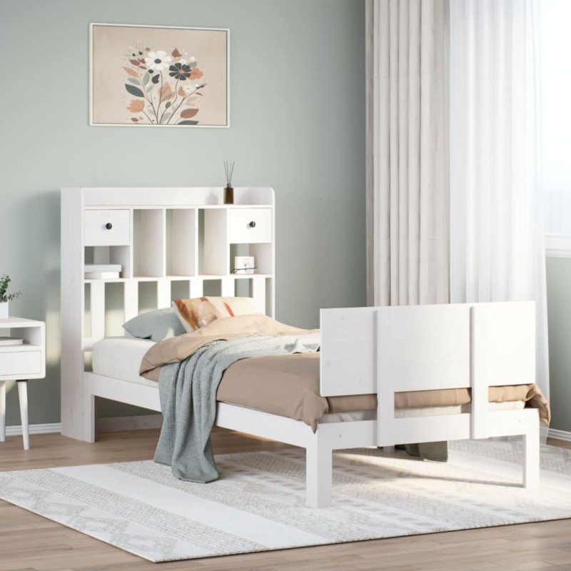 Lit bibliothèque sans matelas blanc 75x190cm bois de pin massif 