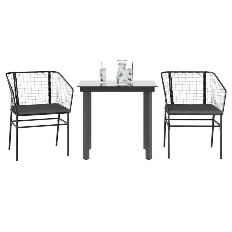 Ensemble à manger de jardin et coussins 3 pcs noir rotin verre 