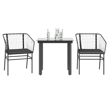 Ensemble à manger de jardin et coussins 3 pcs noir rotin verre 