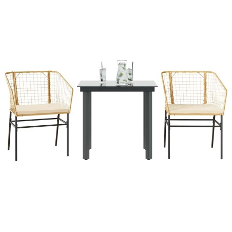 Ensemble à manger jardin coussins 3pcs marron poly rotin verre 