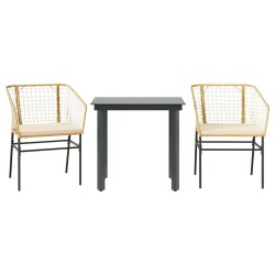 Ensemble à manger jardin coussins 3pcs marron poly rotin verre 
