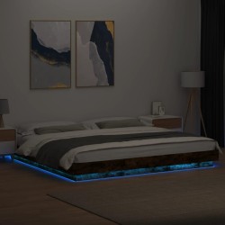 Cadre de lit et lumières LED sans matelas chêne fumé 200x200 cm 