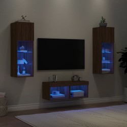 Meuble TV muraux 4 pcs avec lumières LED chêne marron 