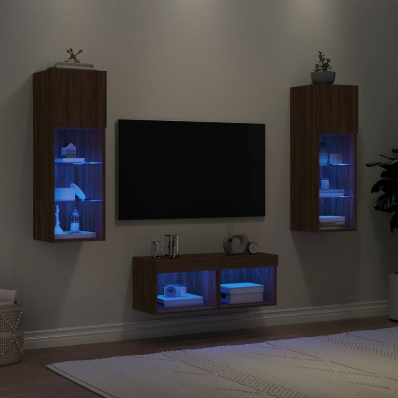 Meuble TV muraux 4 pcs avec lumières LED chêne marron 