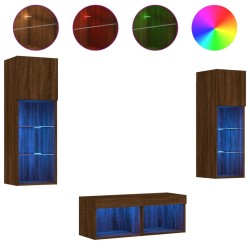 Meuble TV muraux 4 pcs avec lumières LED chêne marron 