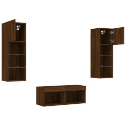 Meuble TV muraux 4 pcs avec lumières LED chêne marron 