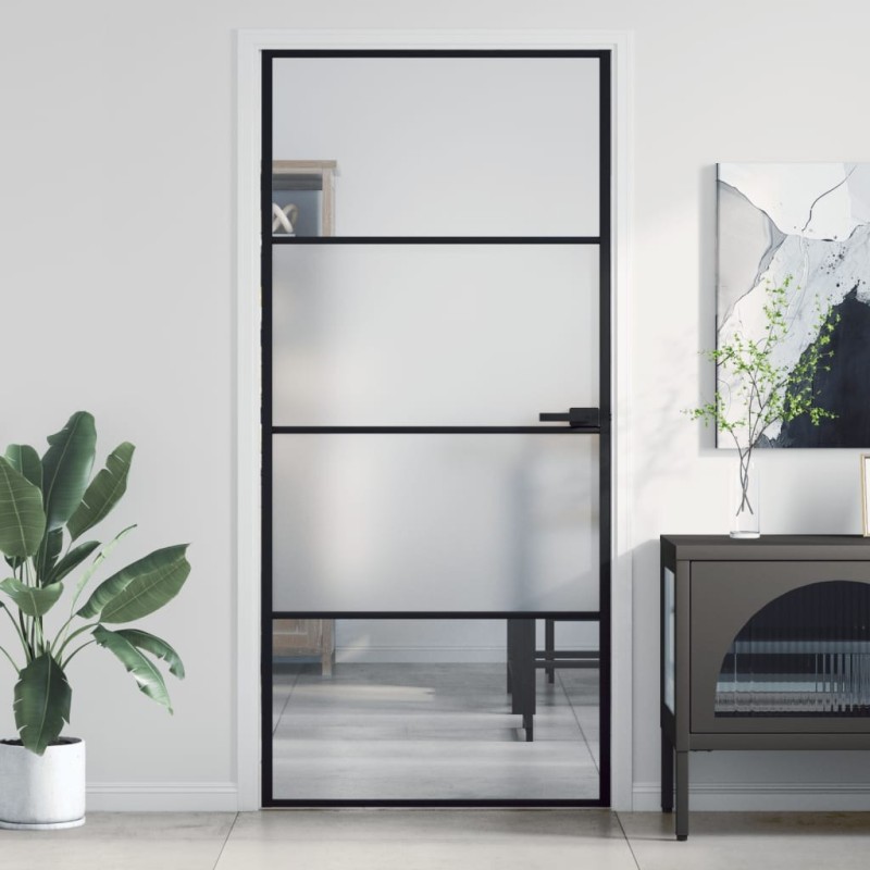 Porte intérieure mince noir 93x201,5 cm verre trempé aluminium 