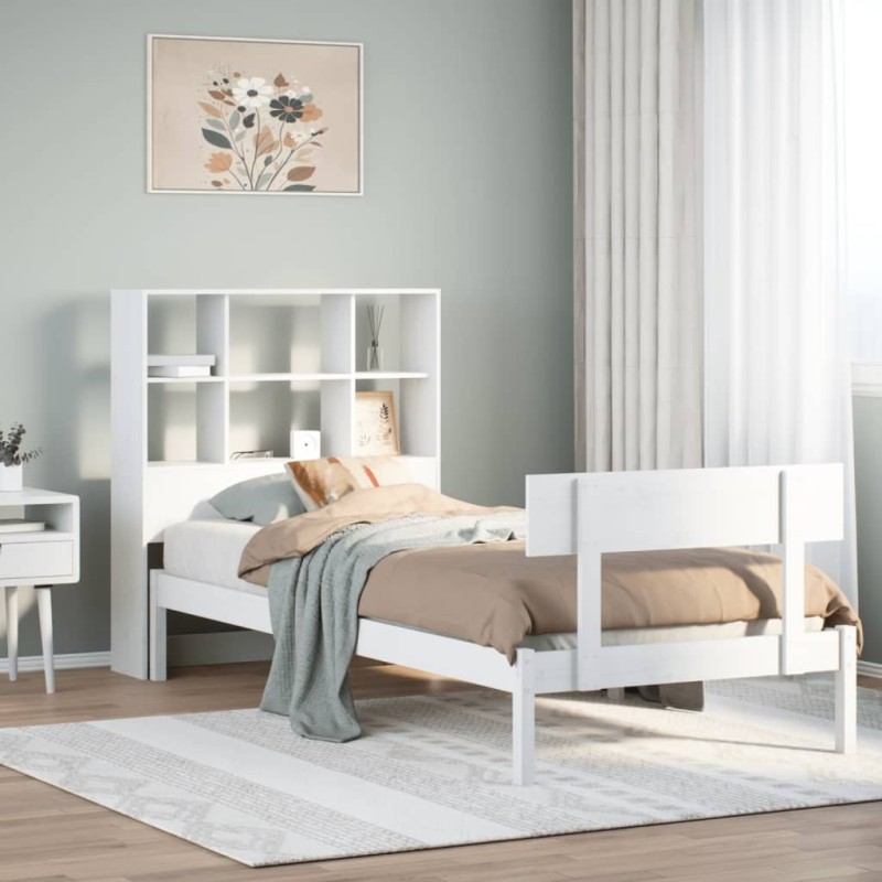 Lit bibliothèque sans matelas blanc 90x190cm bois de pin massif 