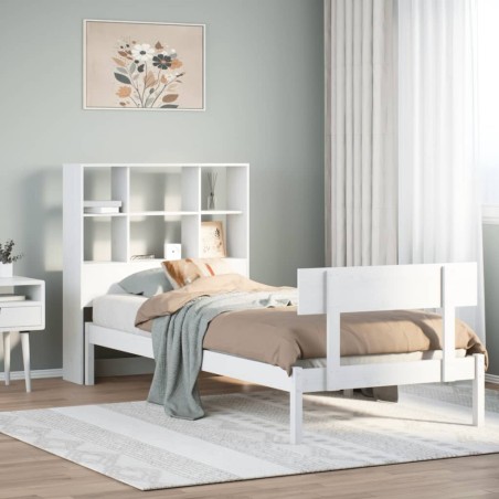 Lit bibliothèque sans matelas blanc 90x190cm bois de pin massif 