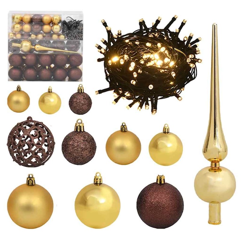Set de boules de Noël avec pic et 300 LED 120pcs Doré et bronze 