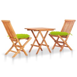 Ensemble de bistro 3 pcs coussins vert vif Bois de teck massif 