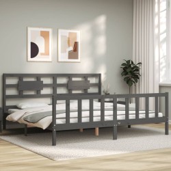 Cadre de lit avec tête de lit gris Super King Size bois massif 