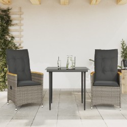 Chaises inclinables de jardin lot de 2 et coussins gris rotin 