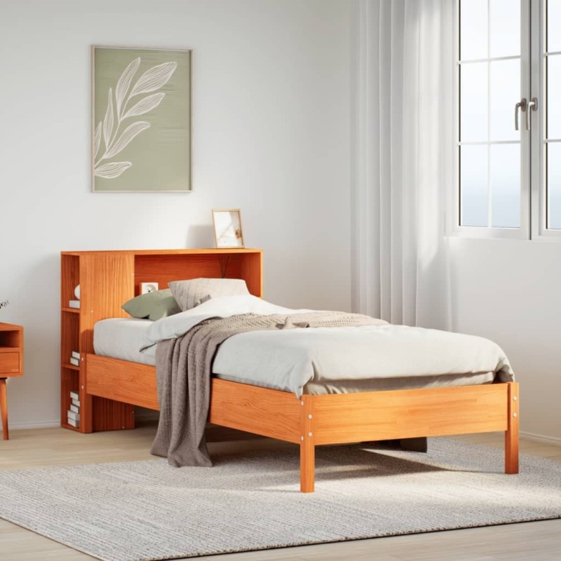 Lit bibliothèque sans matelas cire marron 90x200 cm pin massif 