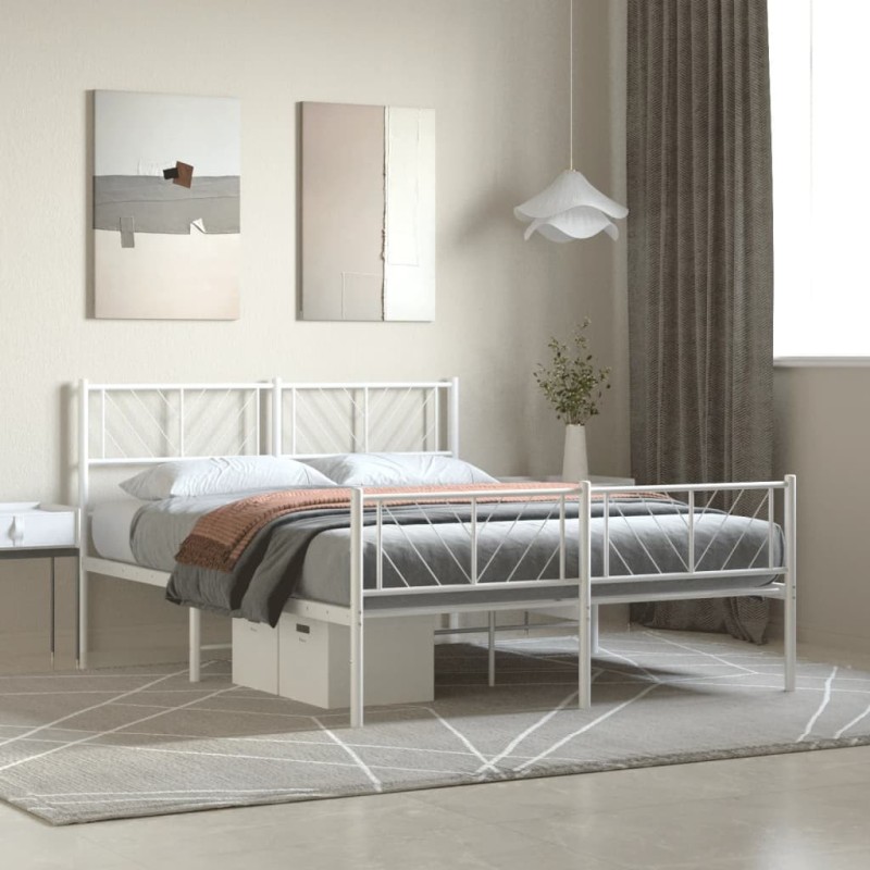 Cadre de lit métal sans matelas et pied de lit blanc 140x200 cm 