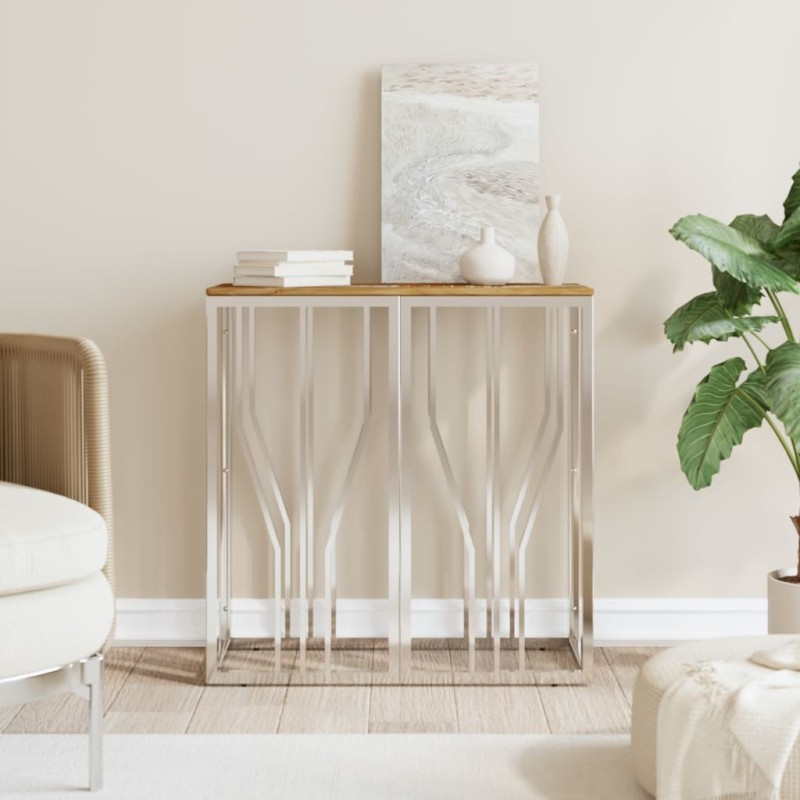 Table console argenté acier inoxydable/bois massif récupération 
