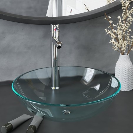 Lavabo de bain avec robinet et drain à poussoir Verre trempé 