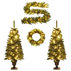 Arbres de Noël artificiels 2 pcs et couronne, guirlande et LED 