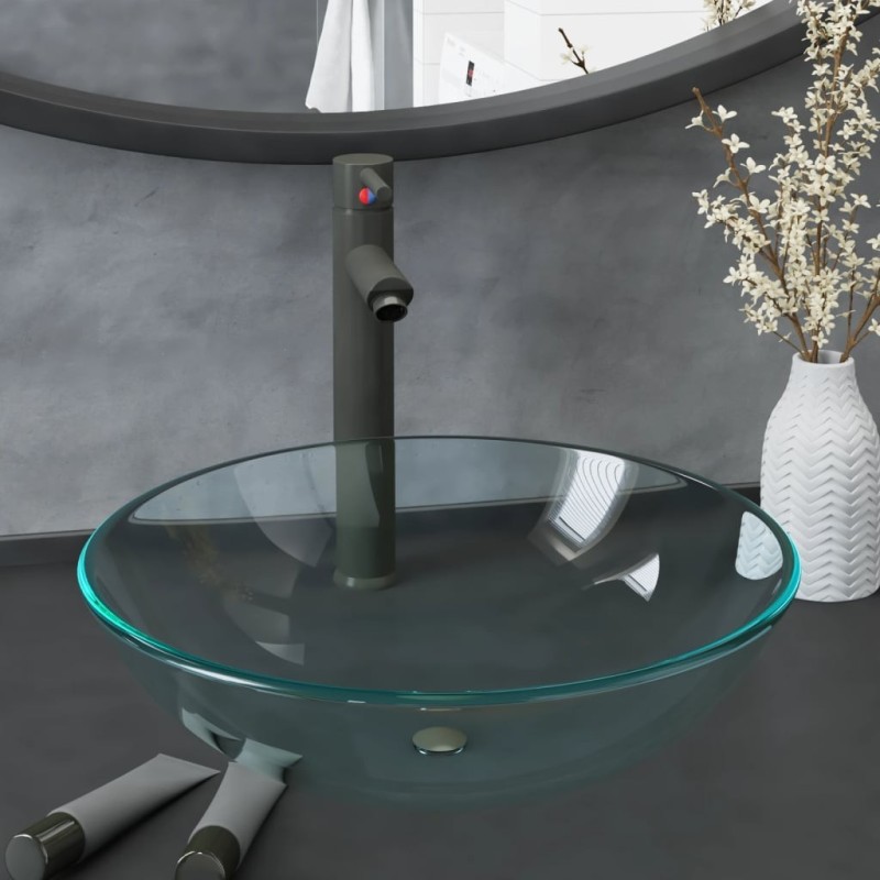 Lavabo de bain avec robinet et drain à poussoir Verre trempé 