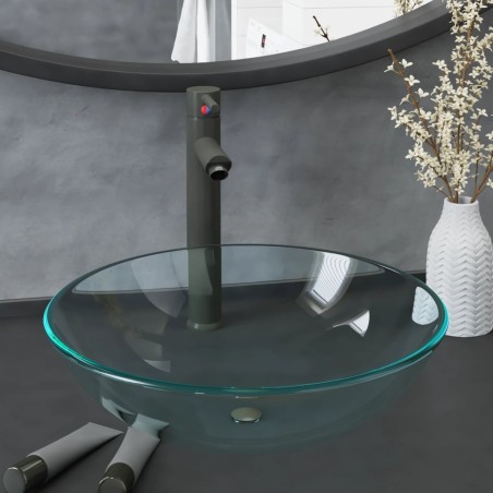 Lavabo de bain avec robinet et drain à poussoir Verre trempé 